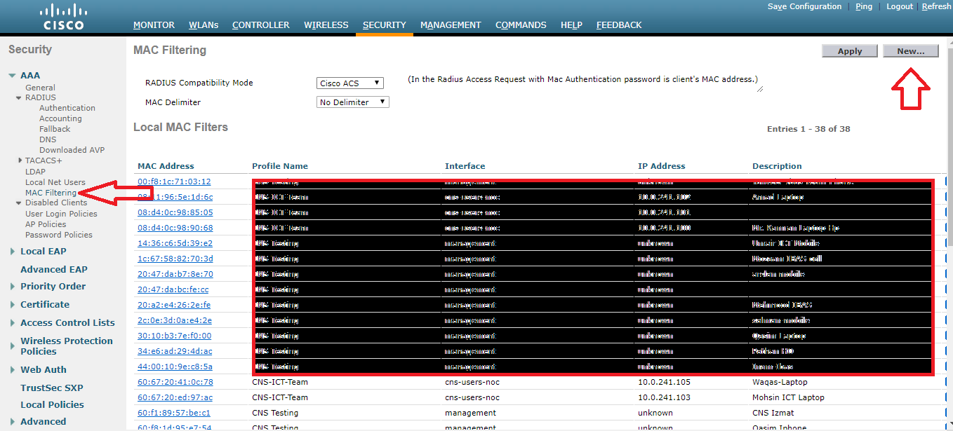 How to configure Cisco Wirless Lan Controller Mac Filtering (Screen