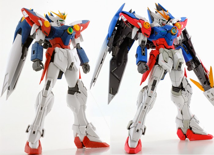 An unlined Wing Gundam MG next to a lined one