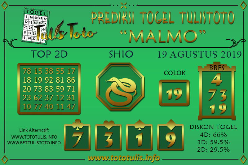 Prediksi Togel MALMO TULISTOTO 19 AGUSTUS 2019