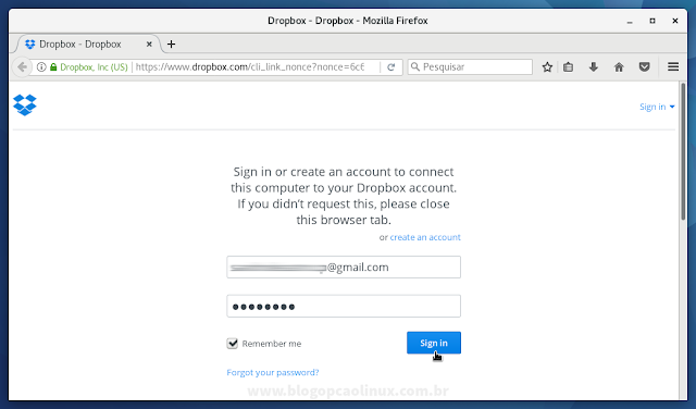 Será aberto o navegador para que você faça login na sua conta do Dropbox