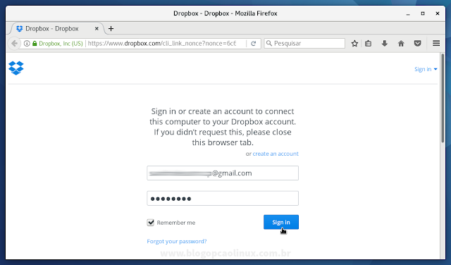 Será aberto o navegador para que você faça login na sua conta do Dropbox Será aberto o navegador para que você faça login na sua conta do Dropbox