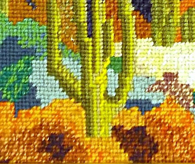 Detail of needlepoint landscape with blended yarns