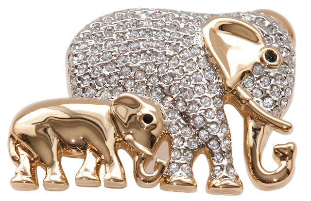 Double Elephant Pin A modern brooch with gold plating and a lot of rhinestones in the shape of a mother elephant and her baby.