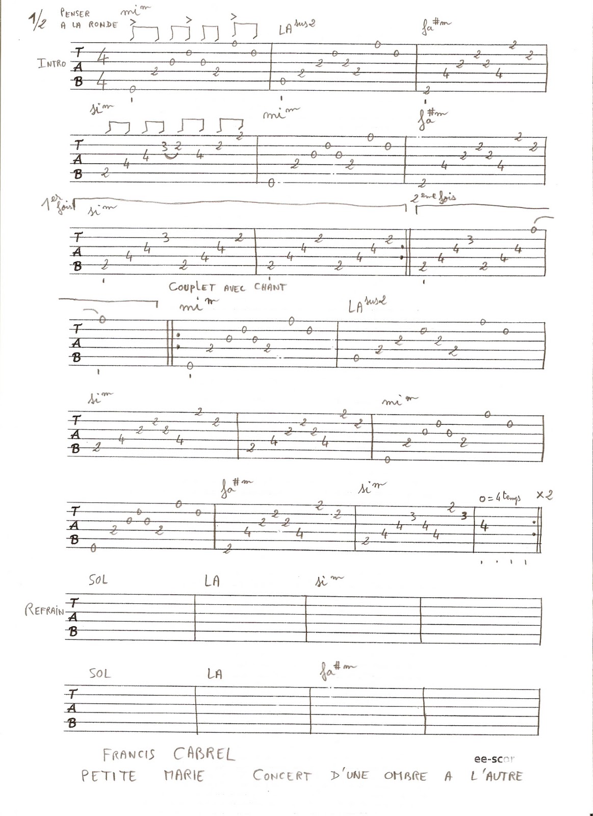 Partitions et Tablatures pour Guitare Francis CABREL Petite Marie