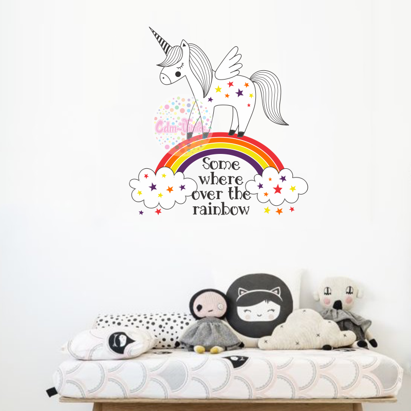 VINILO DECORATIVO INFANTIL UNICORNIO SOBRE ARCOIRIS CON FRASE | CDM