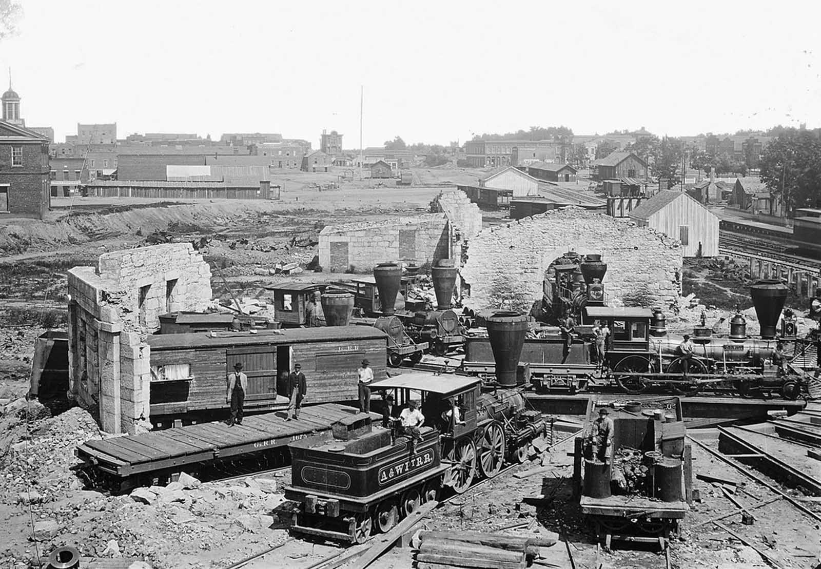 The ruins of an extensively damaged Roundhouse in Atlanta, Georgia after the Atlanta Campaign in the summer of 1864. After Union Maj. Gen. William T. Sherman captured the city, he began his destructive March to the Sea, finally taking the port of Savannah on December 21.