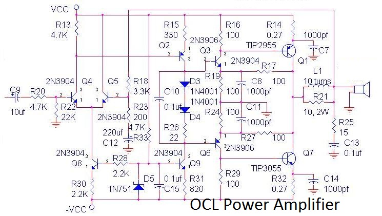 TIP2955 and TIP3055 70W OCL Power amplifier - Electronic Circuit