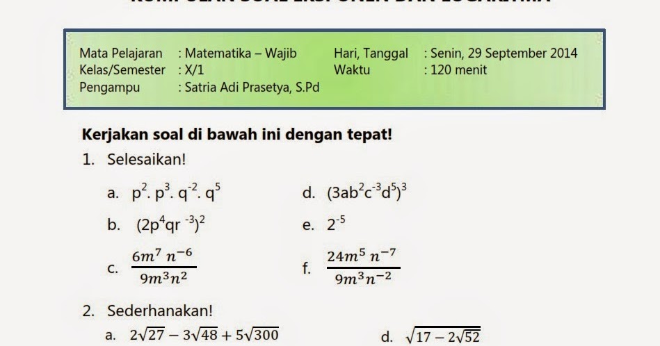 Contoh Soal Eksponen Dan Logaritma Kelas 10 Matematika Dasar