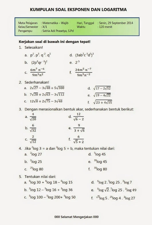 Contoh Soal Matematika Eksponen Kelas 10 Mata Pelajaran