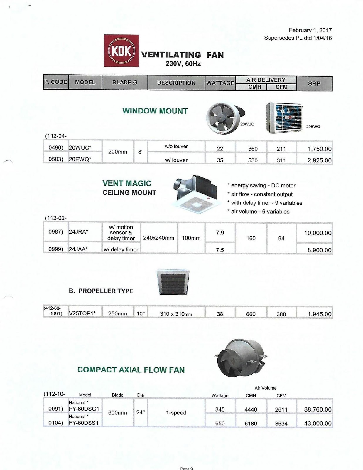 KDK VENTILATING FANS PRICE LIST