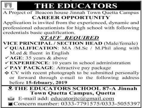 the educators required staff in quetta 1 The educators school required staff in quetta