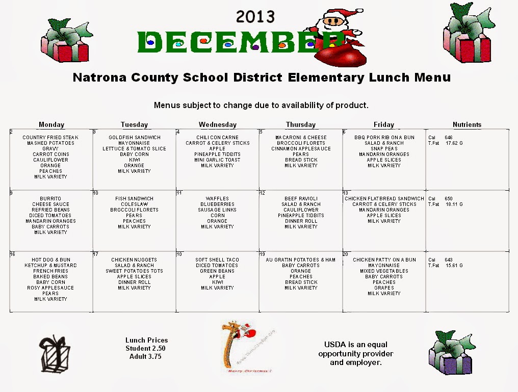 Bar Nunn Elementary School December Lunch Menu