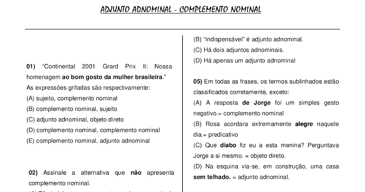 Exercícios De Complemento Nominal E Adjunto Adnominal - GITEDU