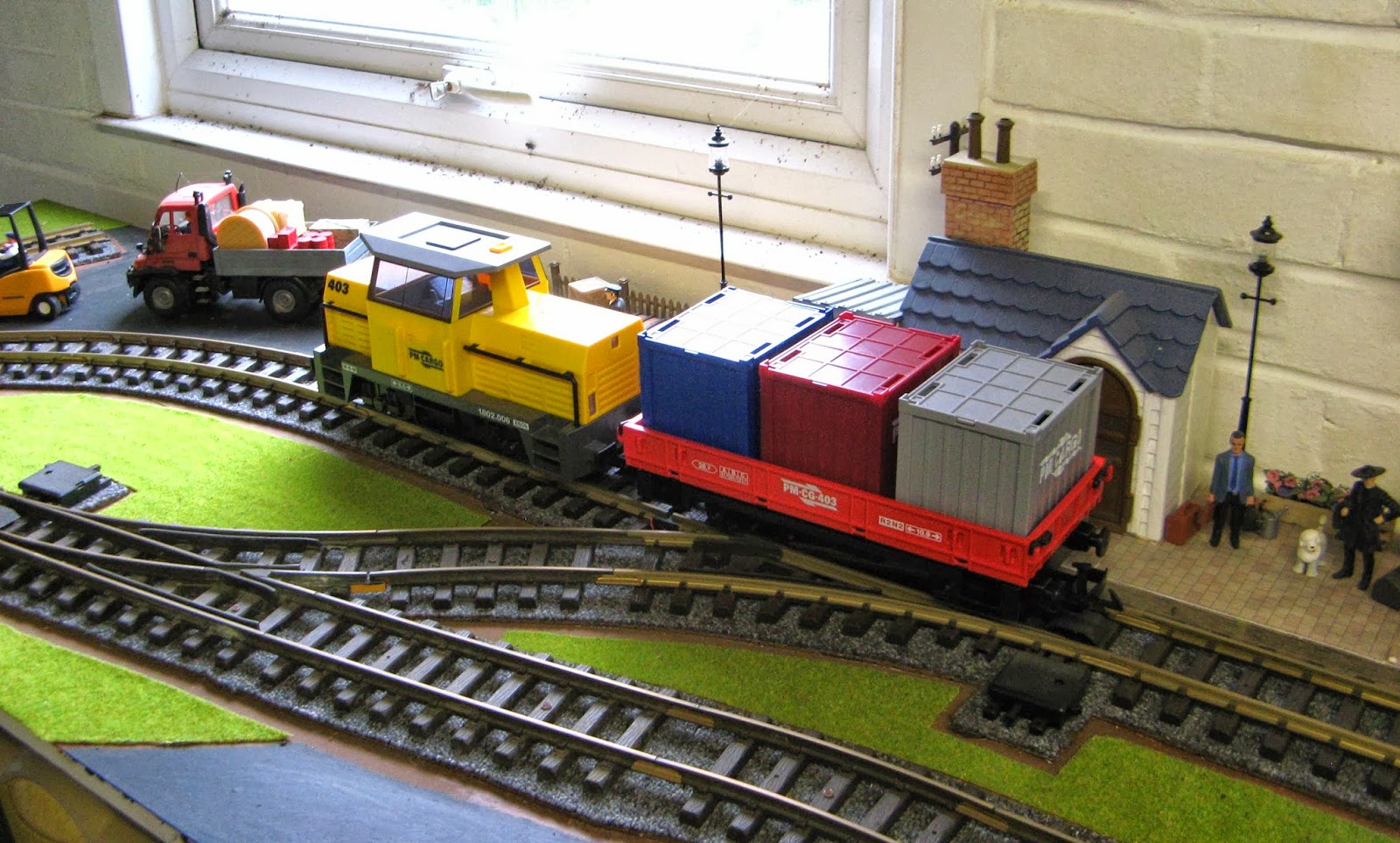 Canford Valley Railway Playmobil RC train on the layout.