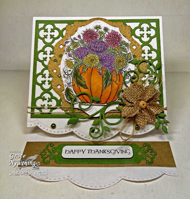 ODBD stamps, Fall Flower Pumpkin, Thankful Song, Pumpkin With Flowers Die, Fancy Foliage Die, Quatrefoil Pattern Die, Elegant Oval Die, designed by Grace Nywening