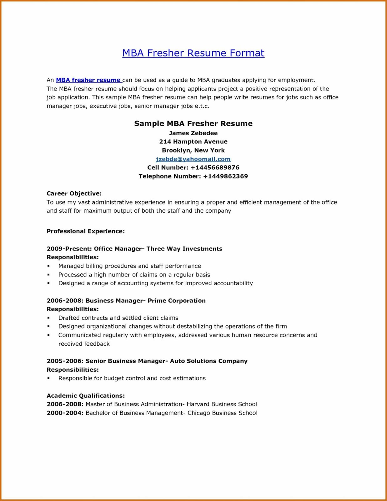 Mba Fresher Resume Scribd India