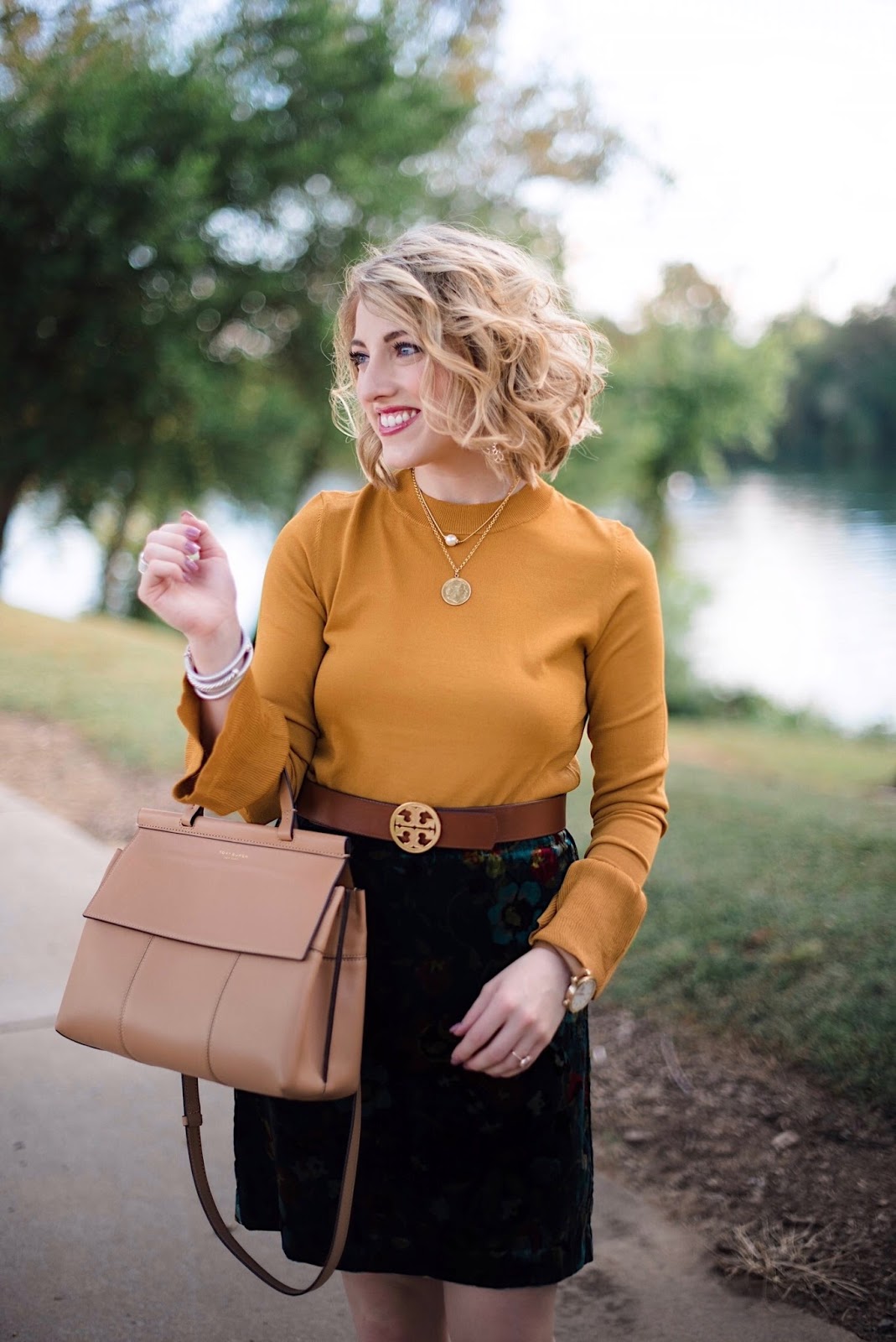 Velvet Skirt & Mustard Yellow Bell Sleeve Sweater - Something Delightful