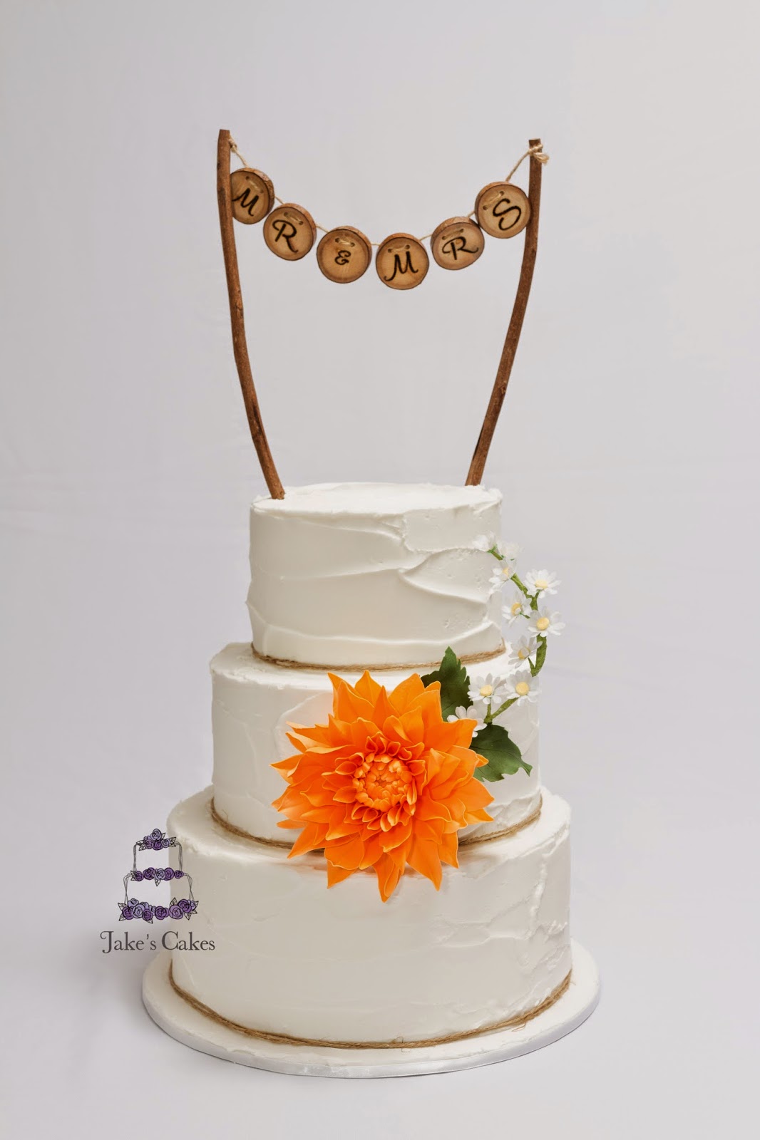Jake's Cakes Rustic Wedding Cake with Orange Dahlia