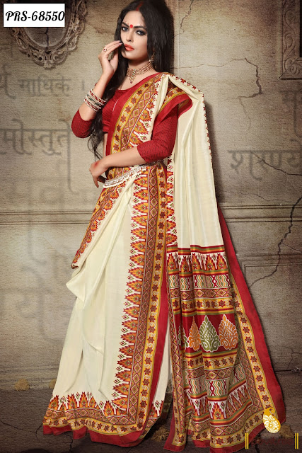 Buy Latest Red and White Color Indian Traditional Bhagalpuri Silk Sarees Online Shopping Collection at Low Cost Price Rate at pavitraa.in