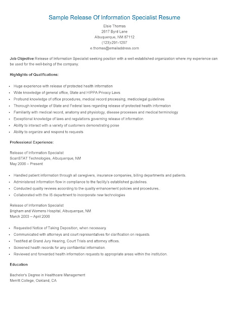 resume samples sample release of information specialist sample resume for lawyers