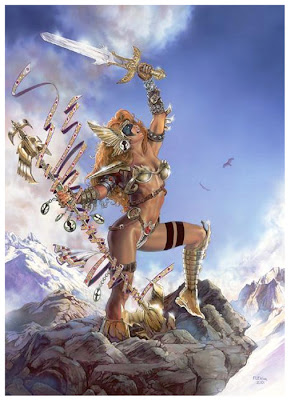 warrior queen of the seagulls on mountain with sword