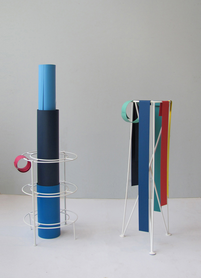 Lines and circles series, 2012, spray paint on metal sheet,painted flower pot stands, 102x32x35cm and 80x25x27cm