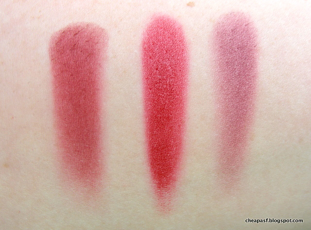 Swatches of Clinique Cola Pop, Stila Poppy, and TheBalm Pinstripe