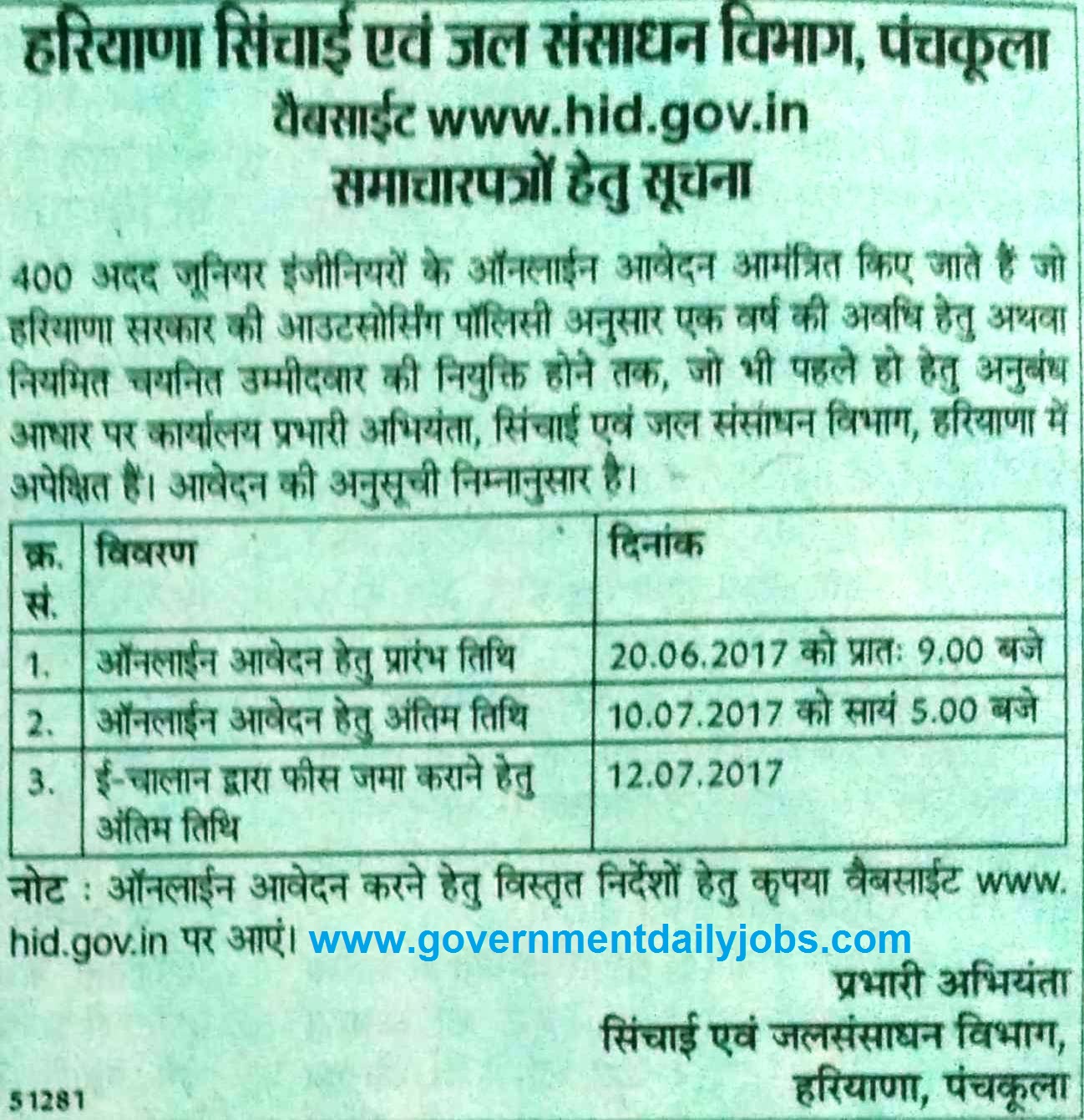 HARYANA IRRIGATION DEPARTMENT RECRUITMENT 2017 FOR 400 JE POSTS