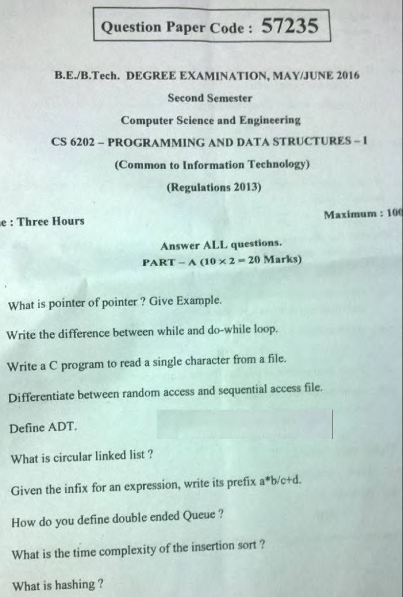 CS6202 Programming and Data Structure I May June 2016 Question Paper ...