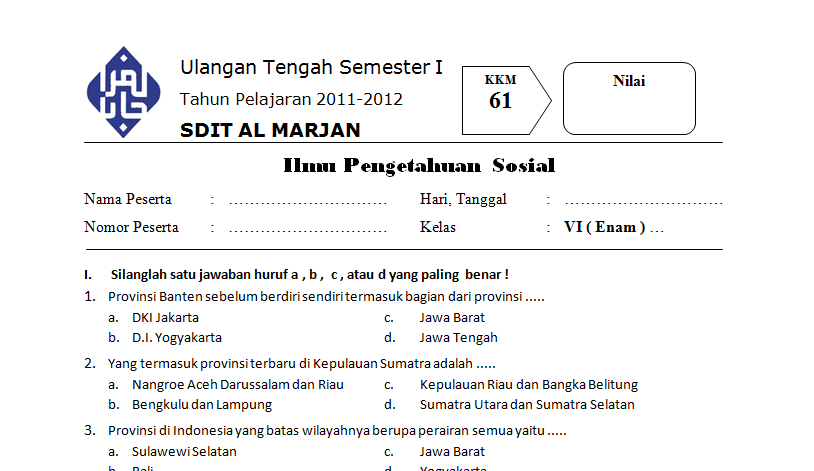Download Soal IPS Kelas 6 SD UTS Semester 1 20112012
