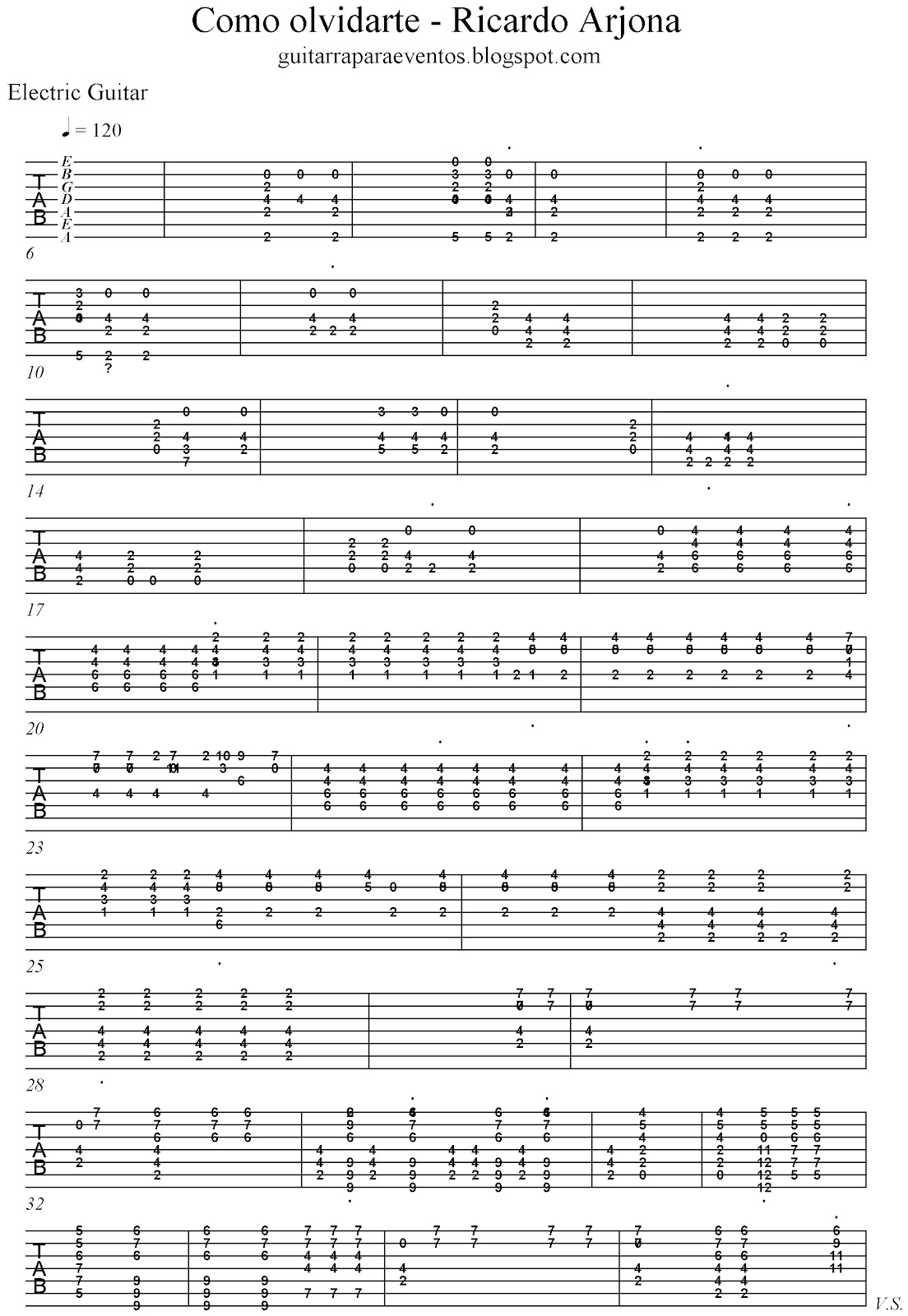 Partitura/tablatura para guitarra de Como olvidarte de Ricardo Arjona