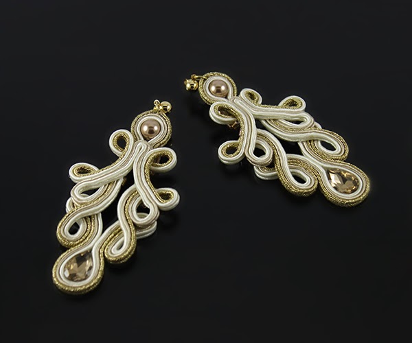 Openwork lace gold and beige soutache earrings