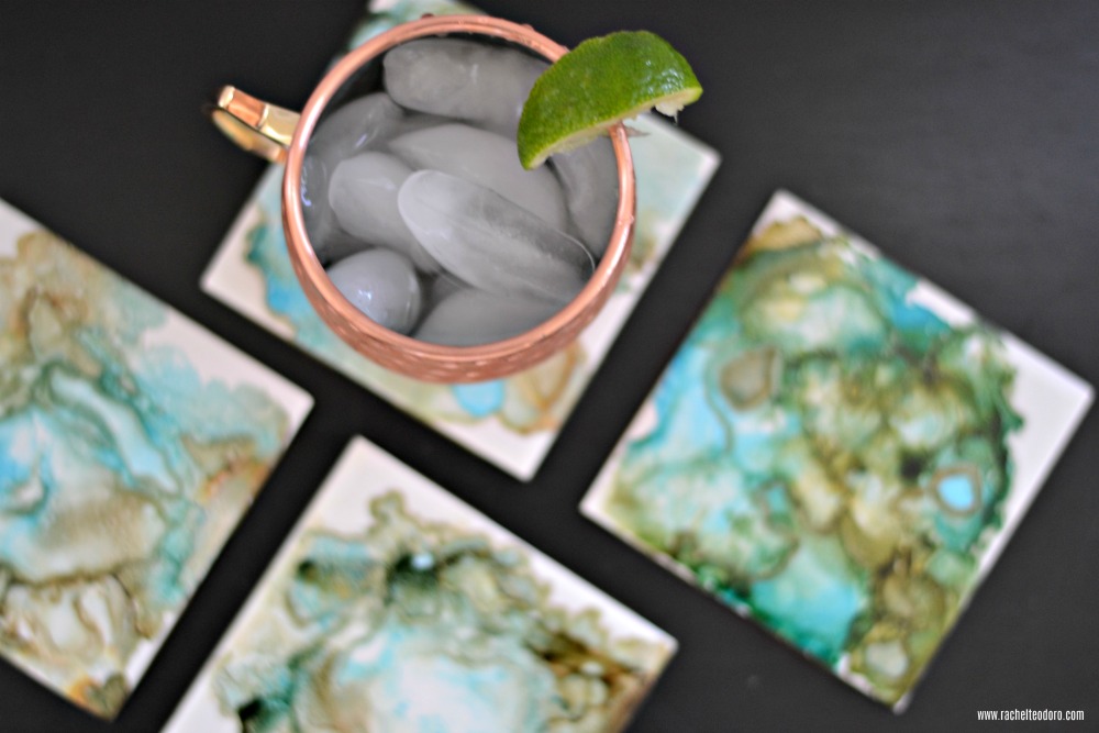 DIY Agate Look Ceramic Tile Coasters with Gold Edge Made with Alcohol Ink