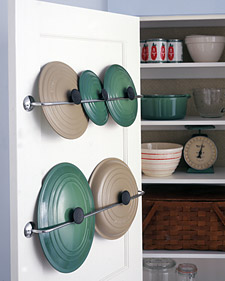 11 Ways to Organized with Towel Rods -- organize pan lids:: OrganizingMadeFun.com