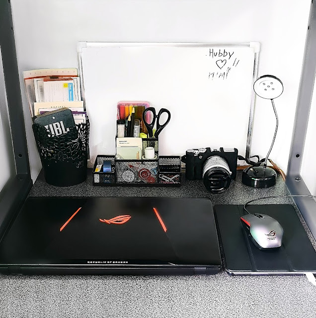 My minimalist workstation at home, ROG laptop, republic of gamers, laptop, fujifilm xa3, JBL Go2 speaker,