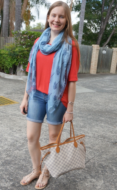 Away From Blue  Aussie Mum Style, Away From The Blue Jeans Rut: Denim  Shorts, Slouchy Tees, Printed Scarves and Louis Vuitton Neverfull Tote