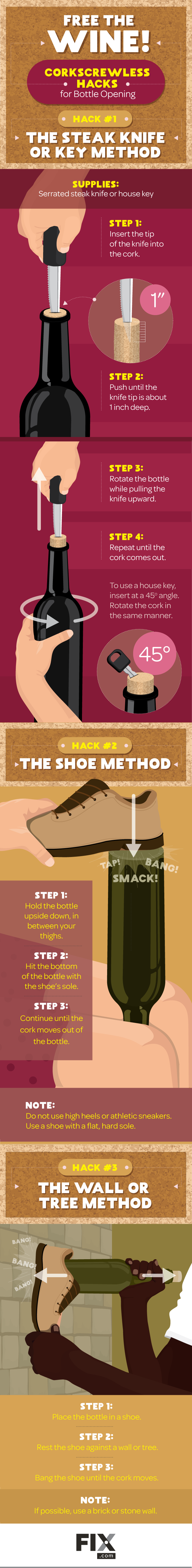 Corkscrewless Hacks for Freeing Wine from the Bottle infographic Visualistan