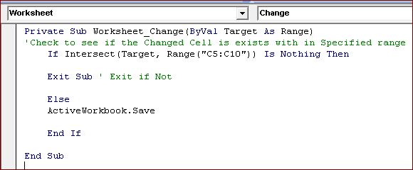Work Sheet Change Event to Save a Workbook on Changing a Cell Value in