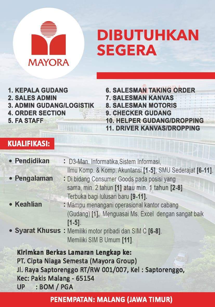 11 Posisi Lowongan Kerja Pt Mayora Penempatan Malang