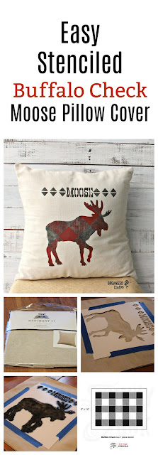 Stenciled Buffalo Check Moose Pillow #buffalocheck #stencil #oldsignstencil #pillowcover