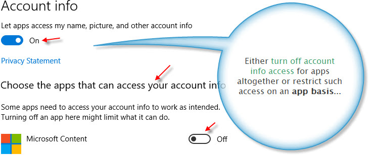 Settings for restricting apps to access account info