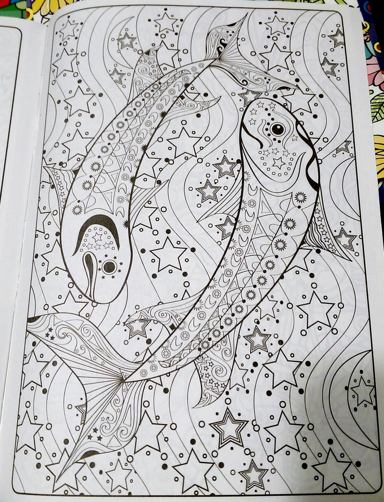 Piscies Ying Yang Design Fish Astrology Stars Astronomy Color Book Page Adult Fun Relaxing ASMR