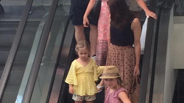 Crown Princess Mary of Denmark with daughters Princess Isabella and Princess Josephine of Denmark and Amber Petty at the Gold Coast in Marina Mirage shopping centre
