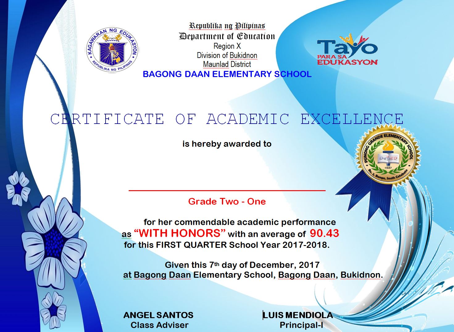 Academic Excellence Award Certificate Template Deped Sample Excel ...