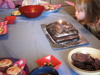 Blowing out candles on a chocolate cake