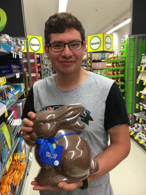 Jesse with Giant Chocolate Easter Bunny