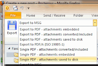 The "single pdf" export profile being selected in MessageExport add-in for Outlook.
