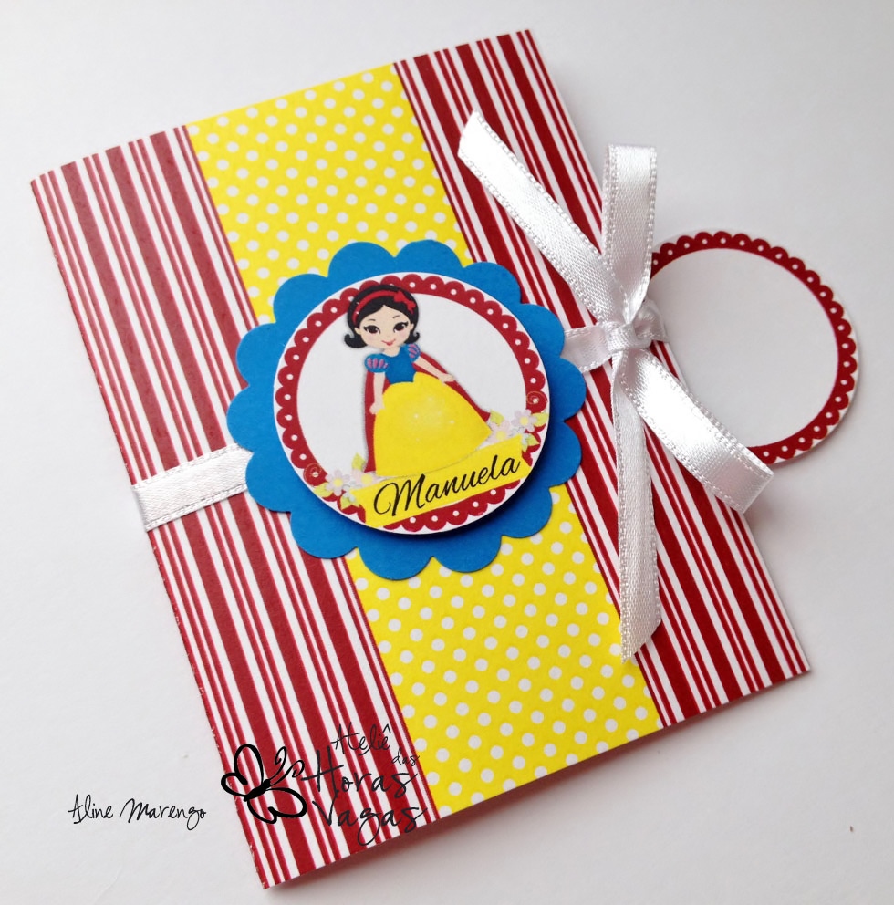 convite artesanal aniversário infantil princesa disney branca de neve vermelho amarelo azul menina