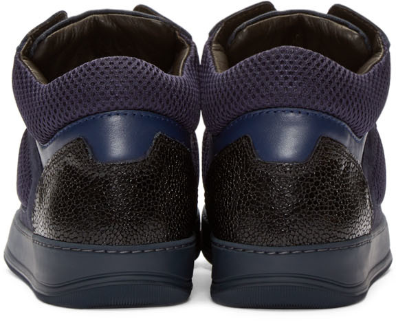 Winter Black And Navy: Lanvin Leather And Mesh Mid-Top Sneakers ...
