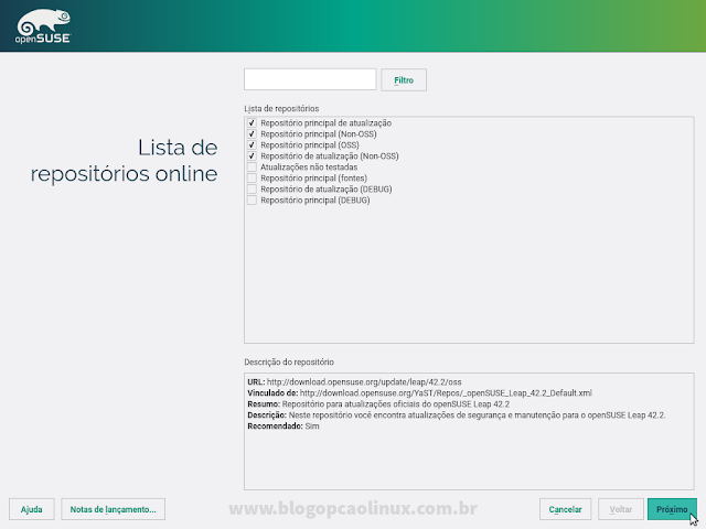 Tela apresentando os repositórios a serem adicionados durante a instalação do openSUSE